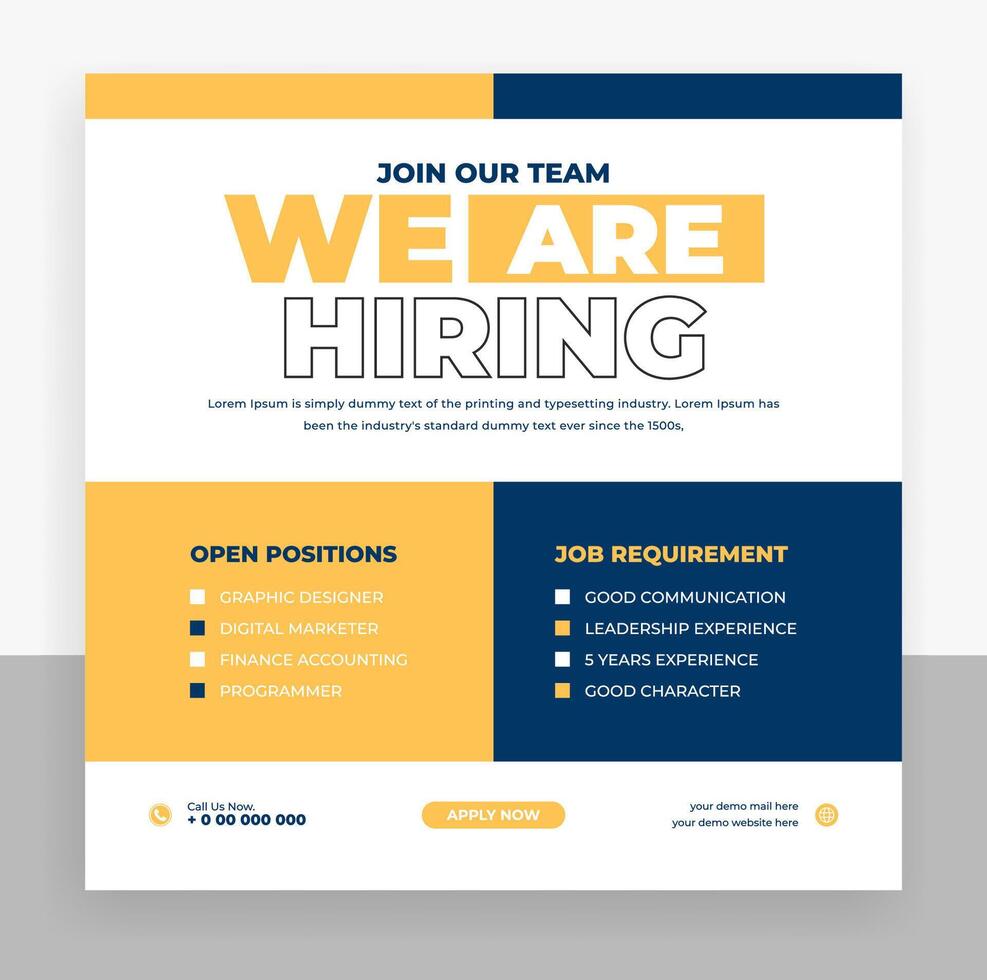 We are hiring job vacancy social media post design vector