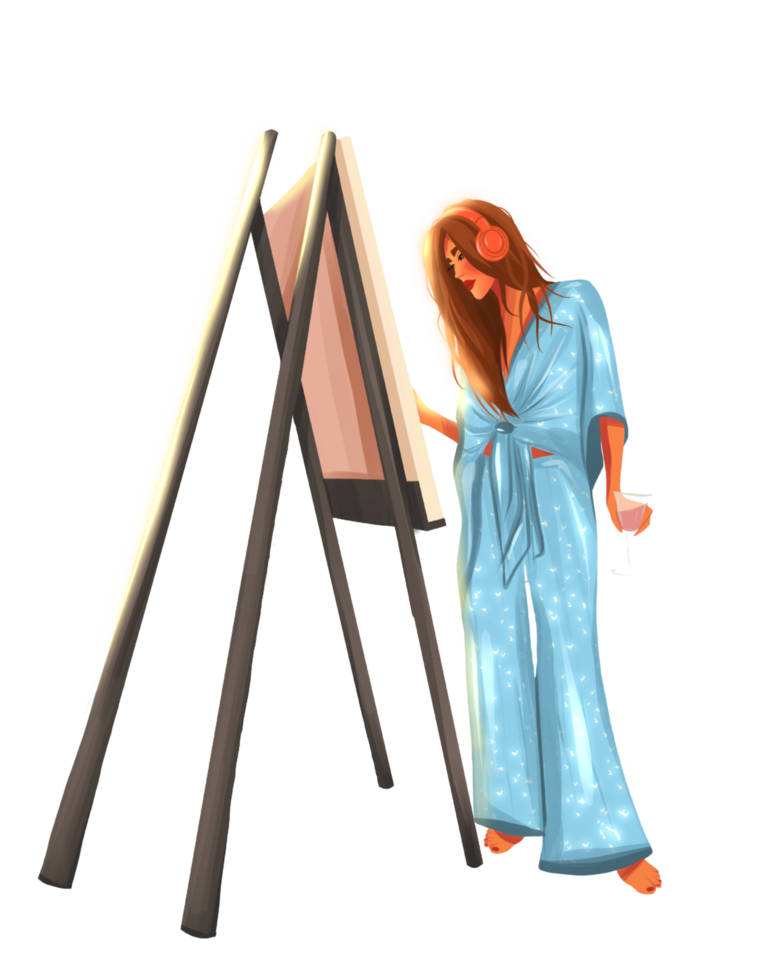 A woman artist in headphones and a glass in her hand, standing, draws a picture on an easel. png
