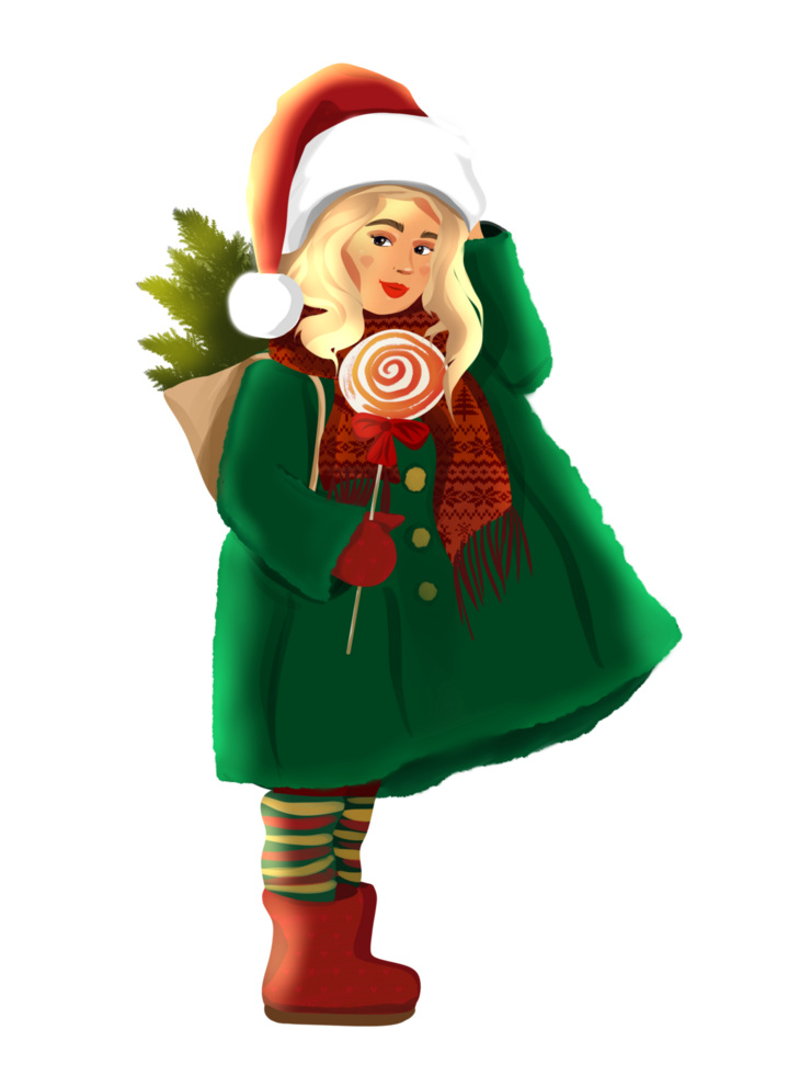 Cute New Year's character, New Year's card, little girl in winter in a warm green coat and New Year's cap, holding candy in her hands png