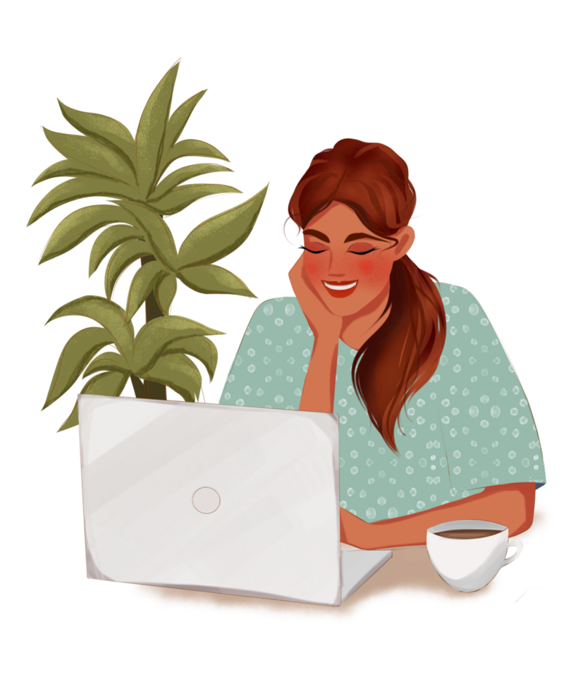 Girl working at a computer laptop, remote work from home png