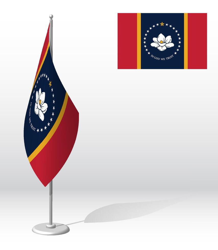 flag of american state of Mississippi on flagpole for registration of solemn event. Day of state of Mississippi. Realistic 3D on white vector