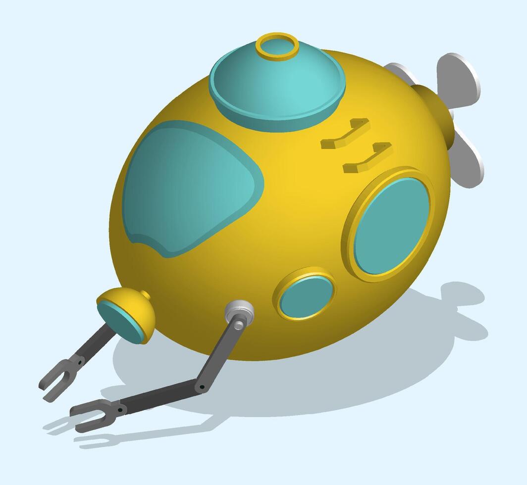 toy bathyscaphe in isometric view isolated on blue background. Children toys and entertainment. Underwater research. Realistic 3D vector