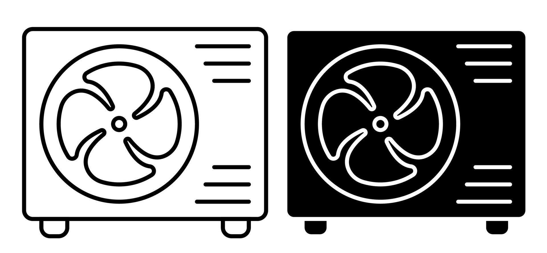 Linear icon. External air conditioner unit with fan. Room cooling and heating. Maintaining comfortable temperature in office. Simple black and white isolated on white background vector