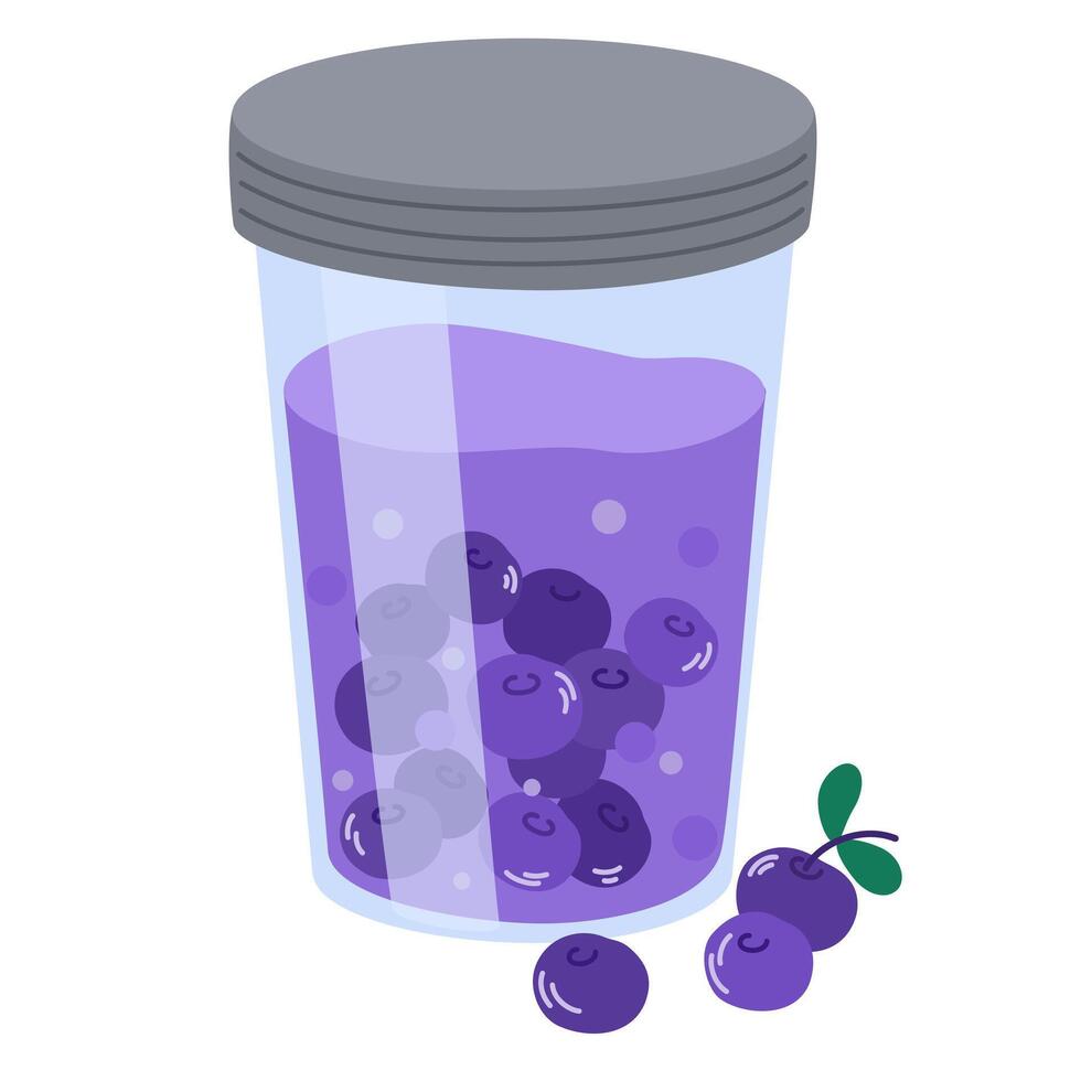 Blueberries jam. Homemade marmalade, jelly preserve. Berry confiture. Natural dessert, sweet food. Flat illustration isolated on white background vector