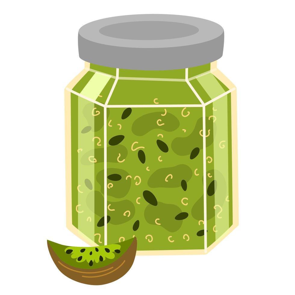 Kiwi jam. Homemade marmalade, jelly preserve. Berry confiture. Natural dessert, sweet food. Flat illustration isolated on white background vector