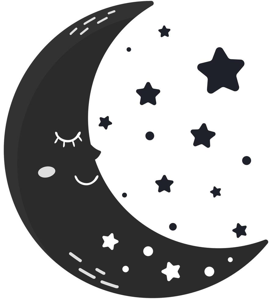 Cartoon illustration of sleeping moon with stars black and white color isolated on white background. vector