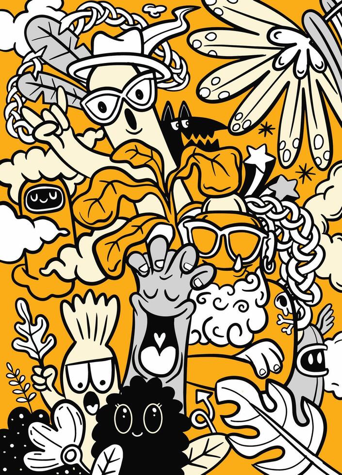 Colorful Whimsical Forest Doodles with Orange Background vector