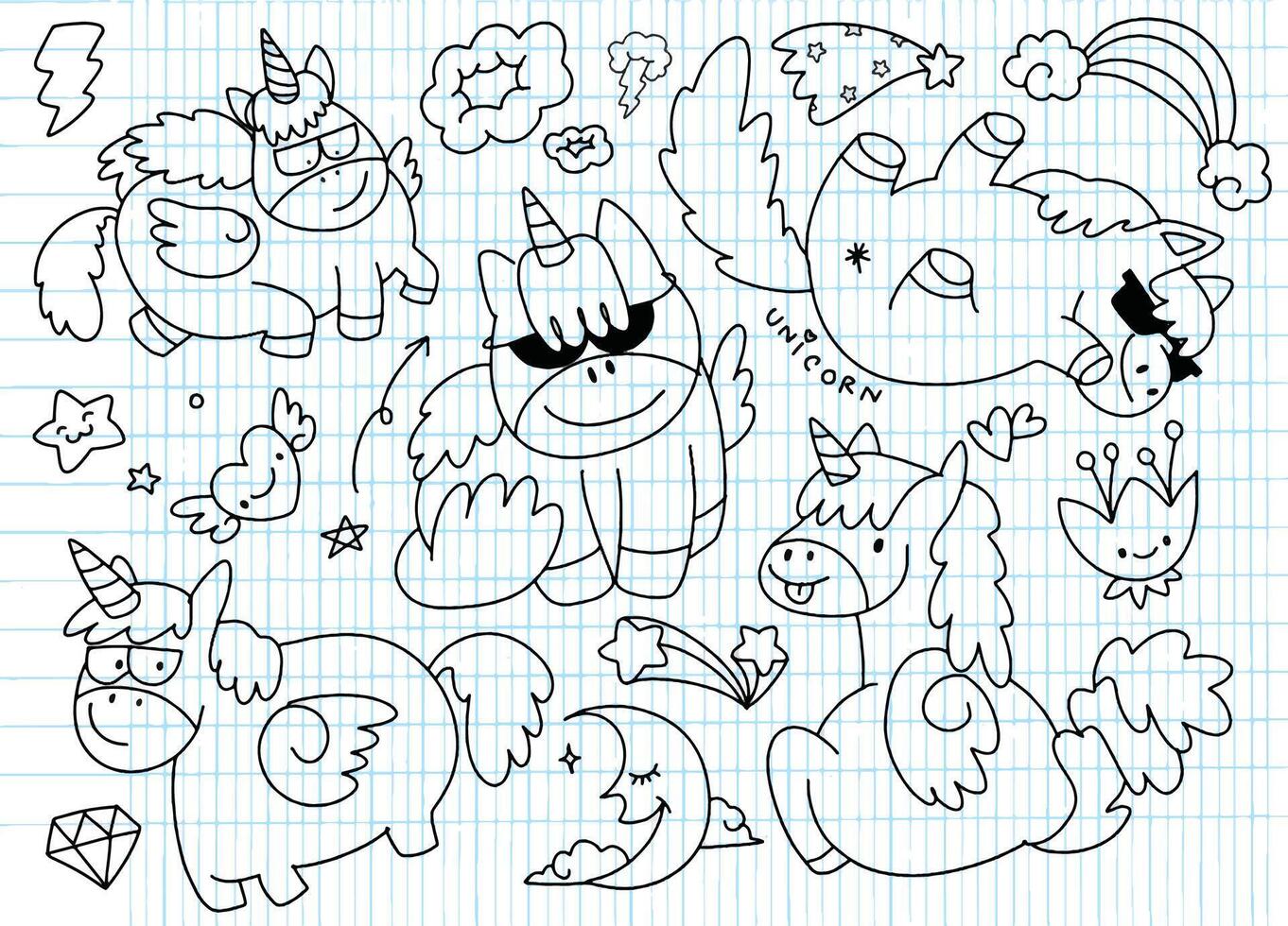 Hand Drawn Unicorns and Magical Elements Doodles vector