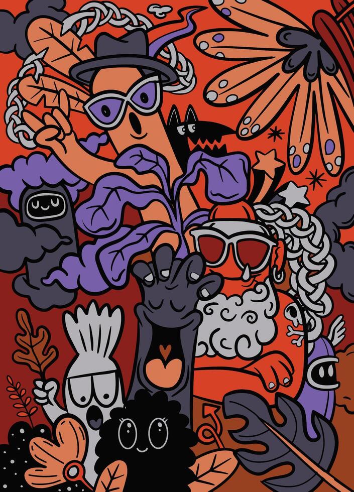 Colorful Whimsical Forest Doodles on Red Background vector