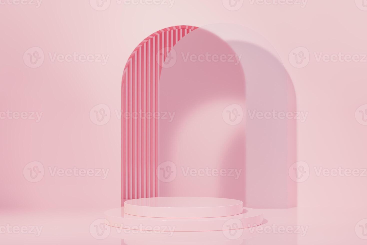 3D rendering image of pink circular pedestal in bright studio photo