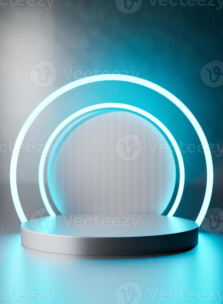 3D rendering image of round pedestal near neon lit arch frame photo