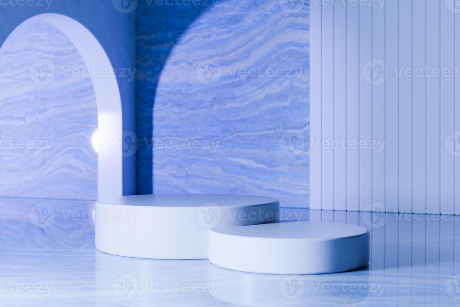3D rendering image of blue round podiums in contemporary studio photo
