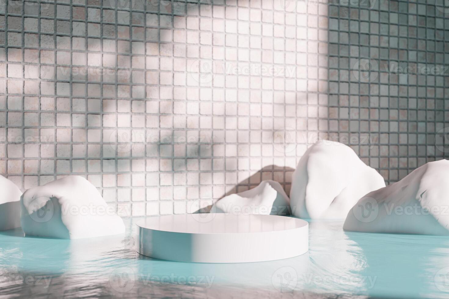 3D rendering image of round podium on water surface near rocks in studio photo