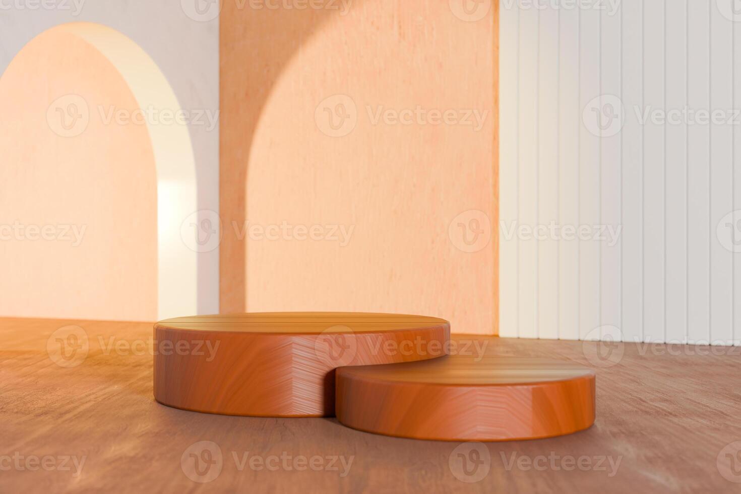 3D rendering image of wooden round podiums in contemporary studio photo