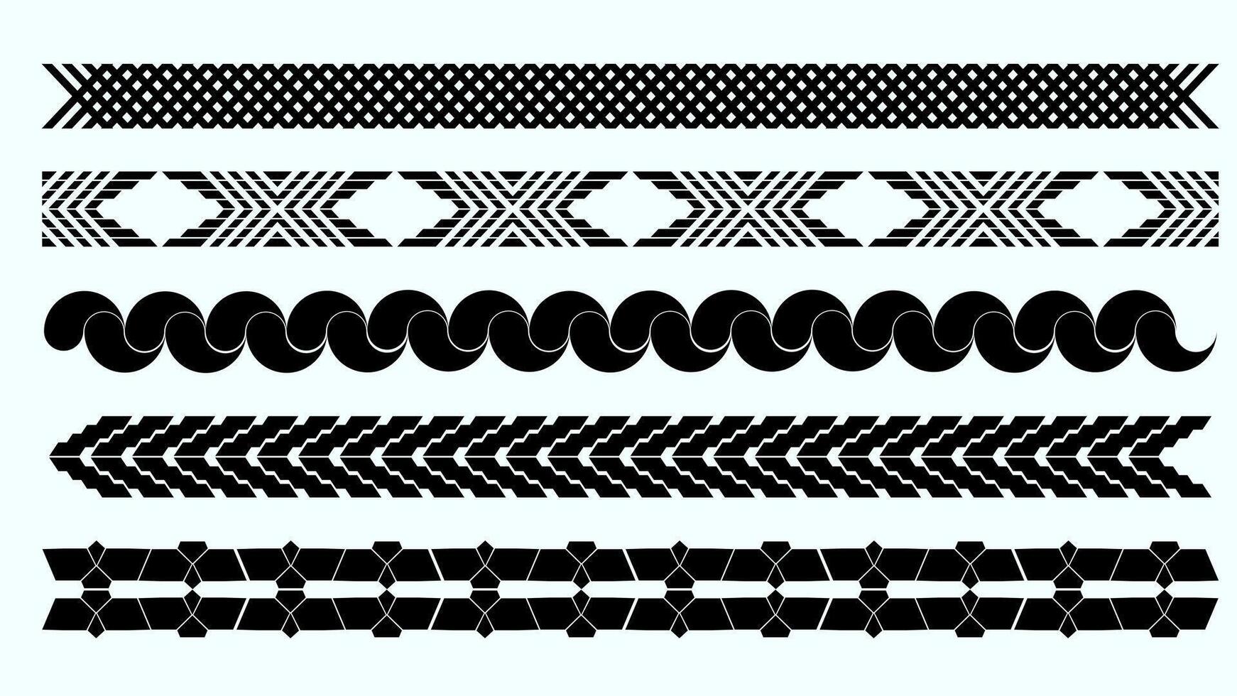 This image showcases a collection of six distinct geometric black and white border patterns Each border design is unique, featuring a variety of intricate shapes and repetitive motifs, perfect for use vector