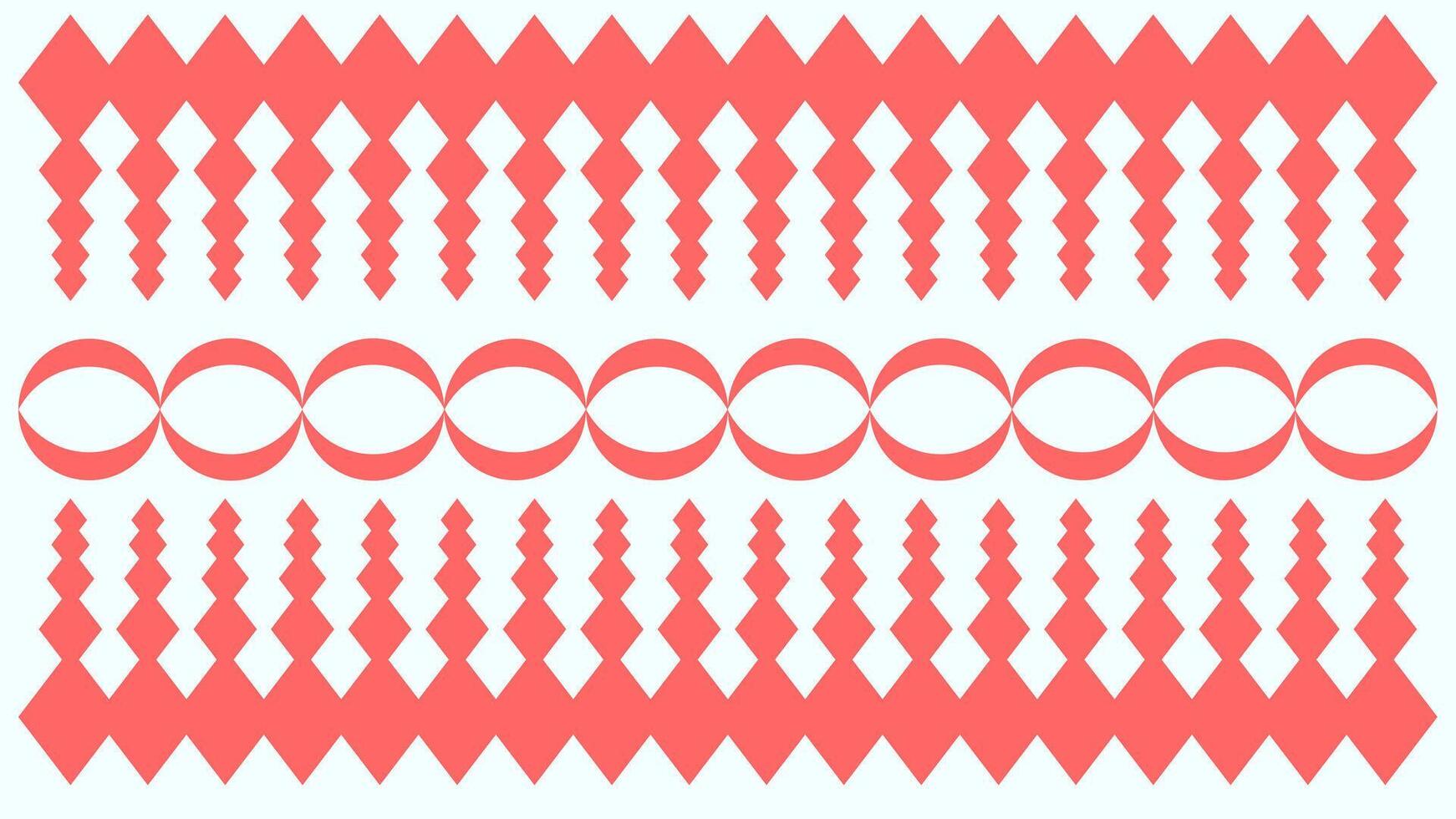 A visually striking geometric pattern composed of repeating coral-colored shapes on a white background. The design features a combination of diamond, oval, and zigzag elements arranged in horizontal vector