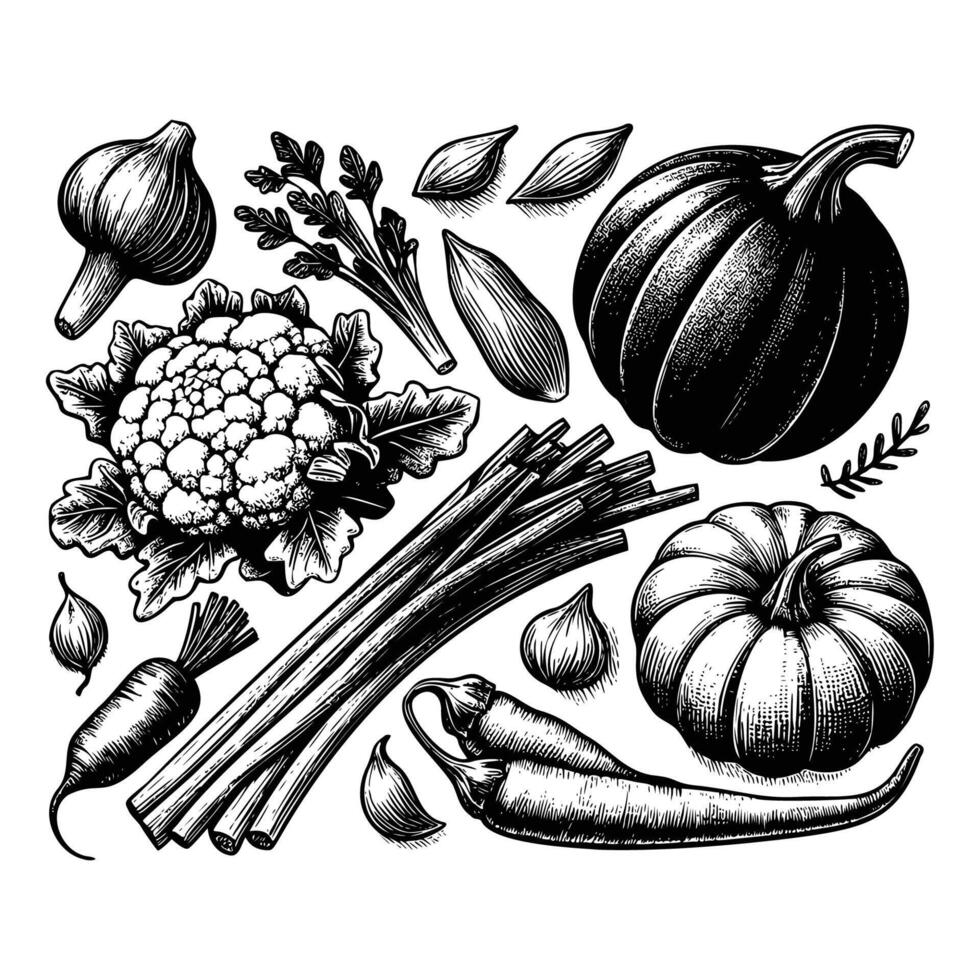 hand drawn vegetable black and white illustration. fresh vegetable drawing, isolated on white background vector