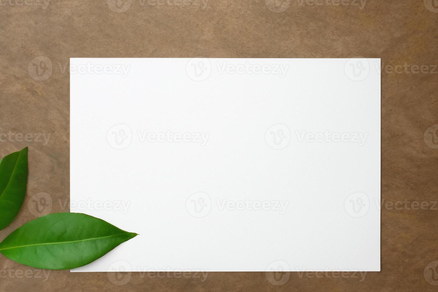 Beautiful Mockup Paper on Wooden Background Combined with Leaves, Creating a Charming and Natural Setting for Creative Designs and Artistic Presentations photo