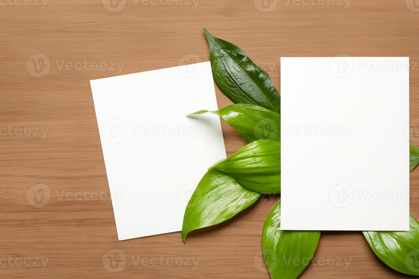 Beautiful Mockup Paper on Wooden Background Combined with Leaves, Creating a Charming and Natural Setting for Creative Designs and Artistic Presentations photo
