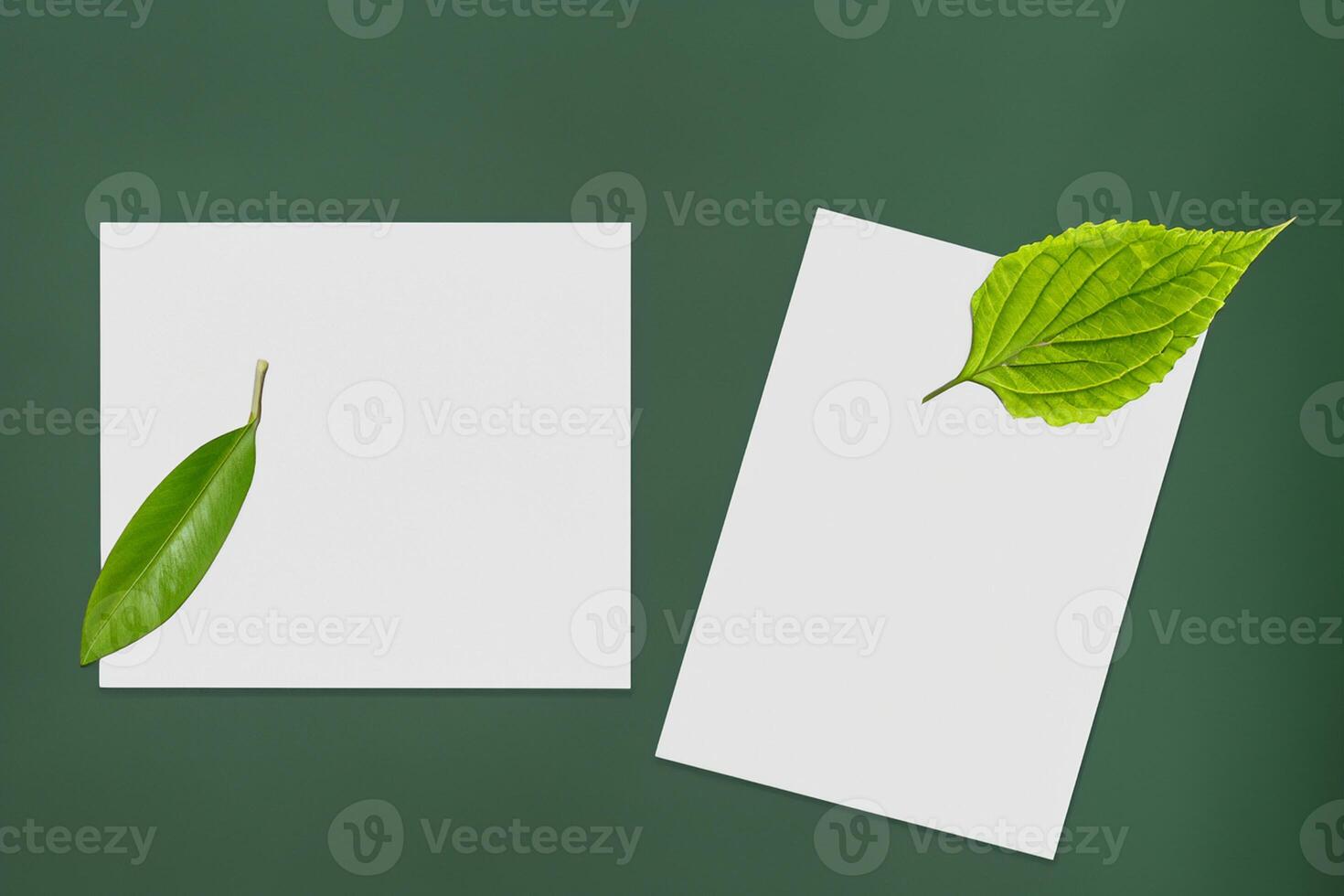 Beautiful Mockup Paper on Wooden Background Combined with Leaves, Creating a Charming and Natural Setting for Creative Designs and Artistic Presentations photo