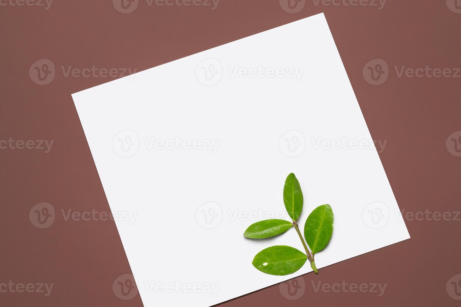 Beautiful Mockup Paper on Wooden Background Combined with Leaves, Creating a Charming and Natural Setting for Creative Designs and Artistic Presentations photo