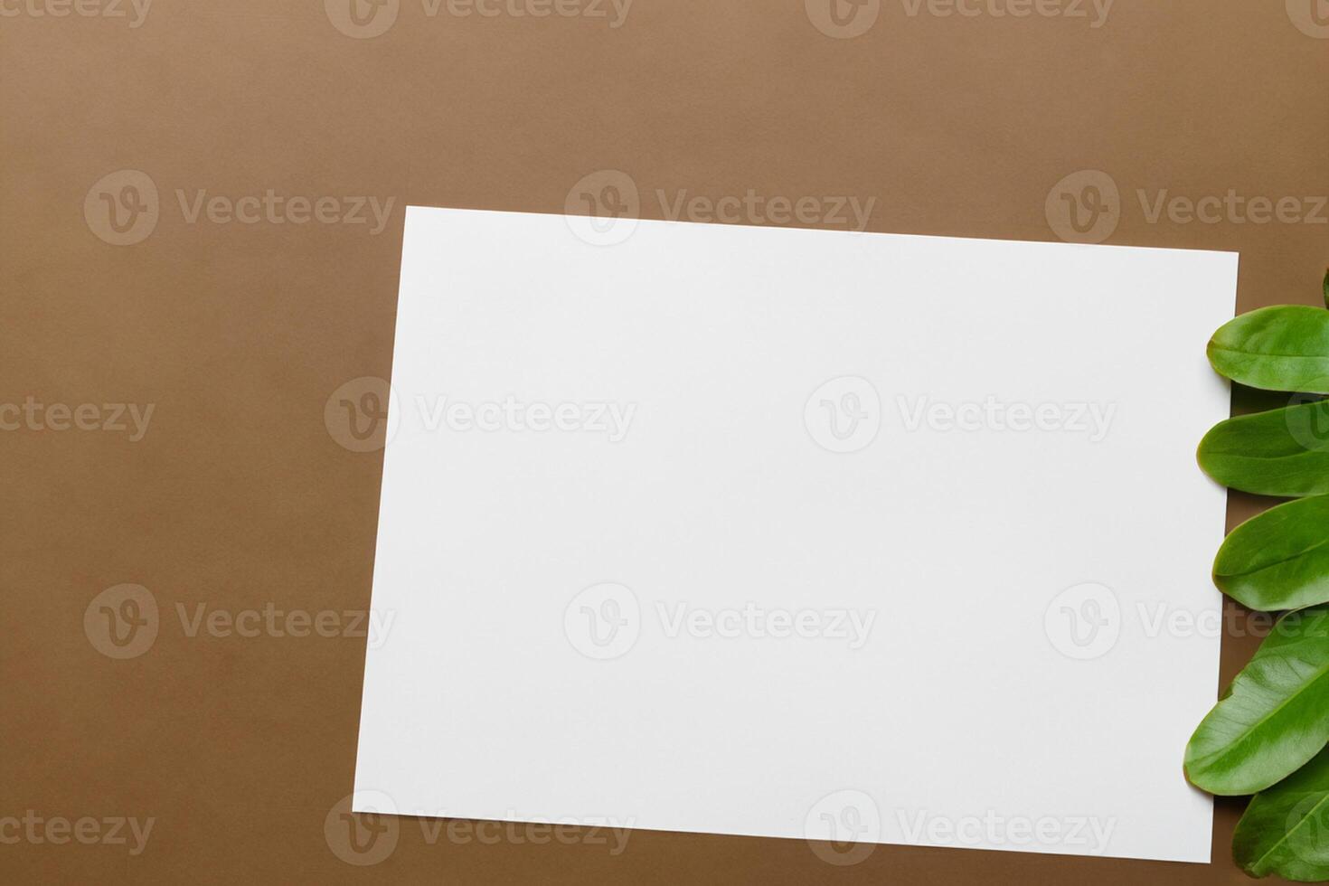 Beautiful Mockup Paper on Wooden Background Combined with Leaves, Creating a Charming and Natural Setting for Creative Designs and Artistic Presentations photo