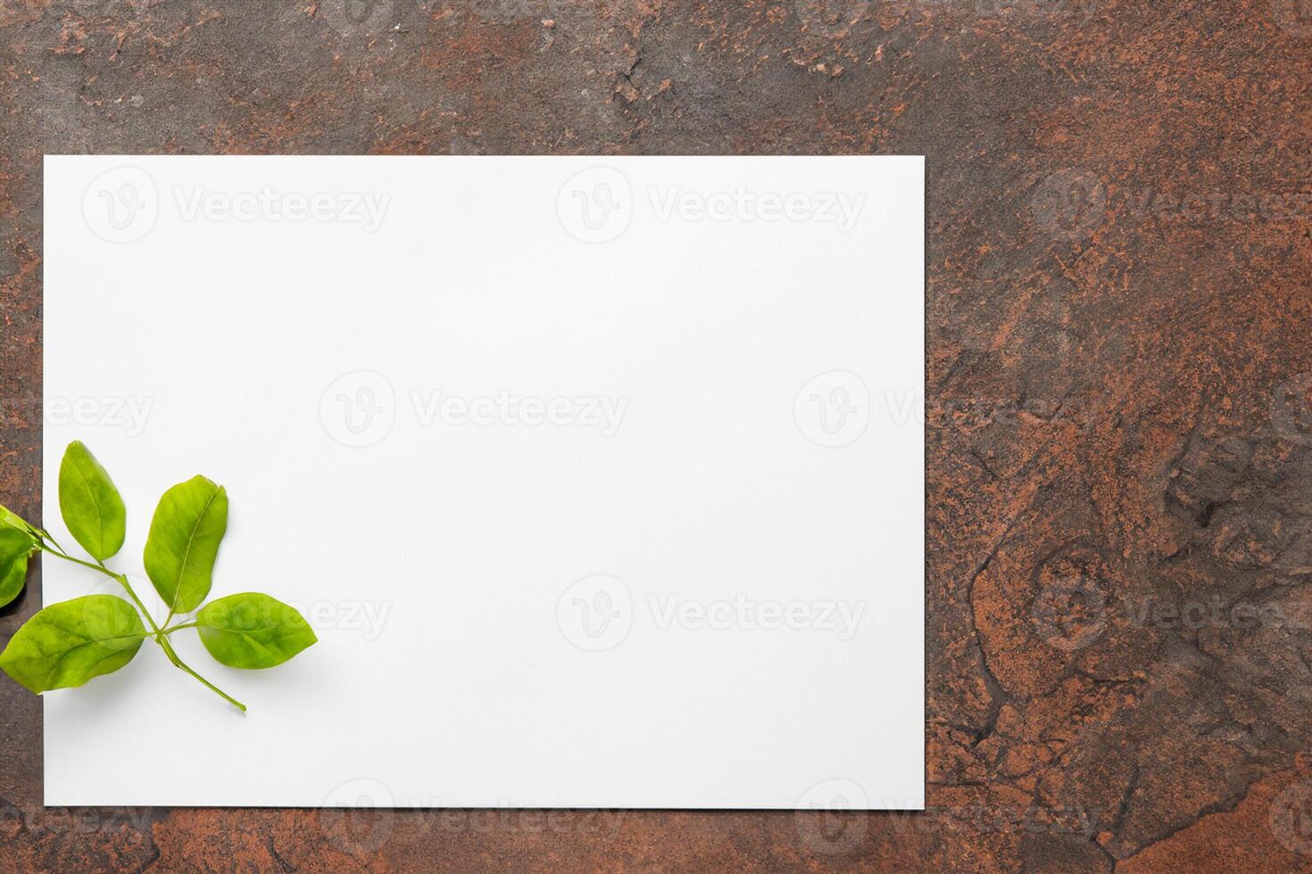 Beautiful Mockup Paper on Wooden Background Combined with Leaves, Creating a Charming and Natural Setting for Creative Designs and Artistic Presentations photo