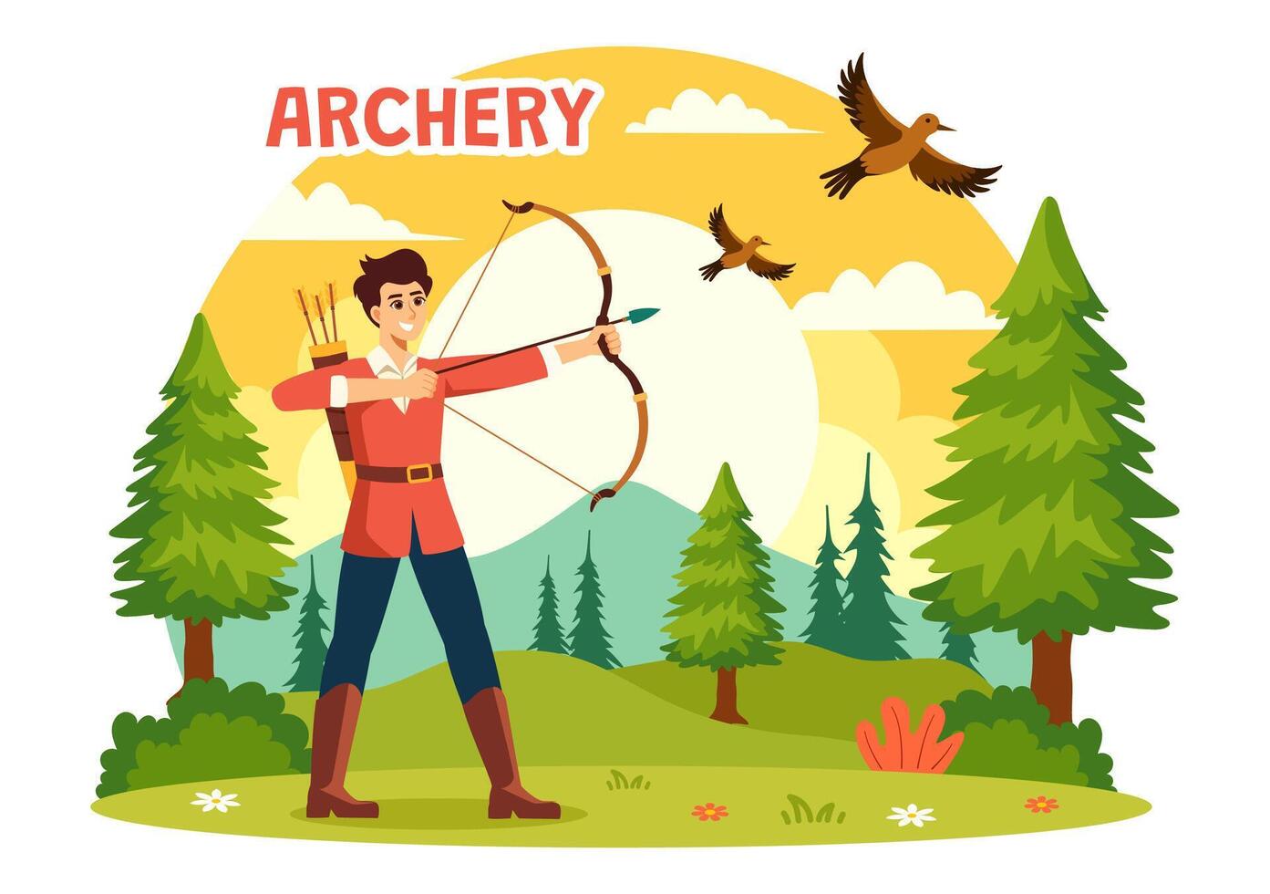 Illustration of Archery Sport with a Bow and Arrow Aiming at a Target, Depicting an Outdoor Recreational Activity in a Flat Cartoon Background vector