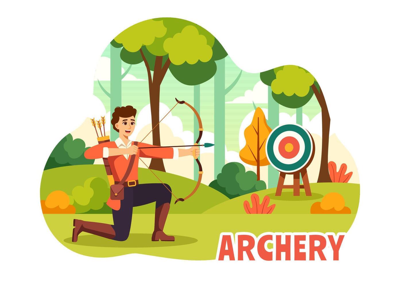 Illustration of Archery Sport with a Bow and Arrow Aiming at a Target, Depicting an Outdoor Recreational Activity in a Flat Cartoon Background vector