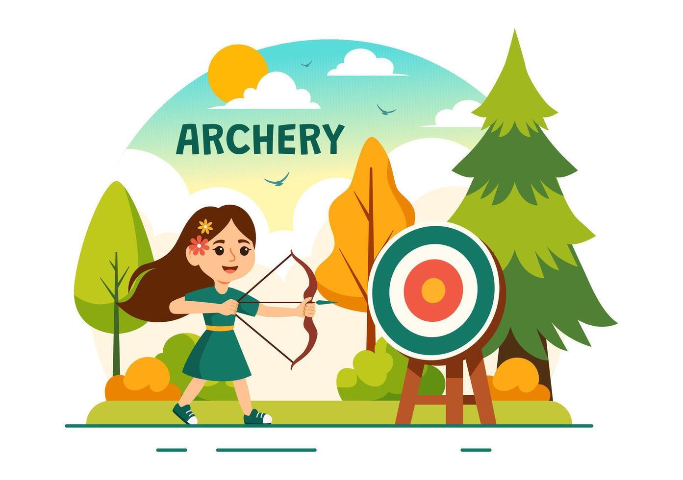 Illustration of Archery Sport with a Bow and Arrow Aiming at a Target, Depicting an Outdoor Recreational Activity in a Flat Cartoon Background vector
