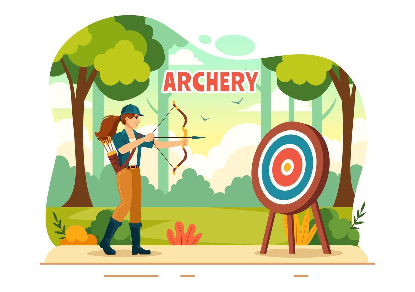 Illustration of Archery Sport with a Bow and Arrow Aiming at a Target, Depicting an Outdoor Recreational Activity in a Flat Cartoon Background vector