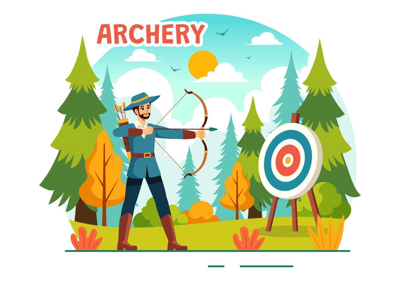 Illustration of Archery Sport with a Bow and Arrow Aiming at a Target, Depicting an Outdoor Recreational Activity in a Flat Cartoon Background vector