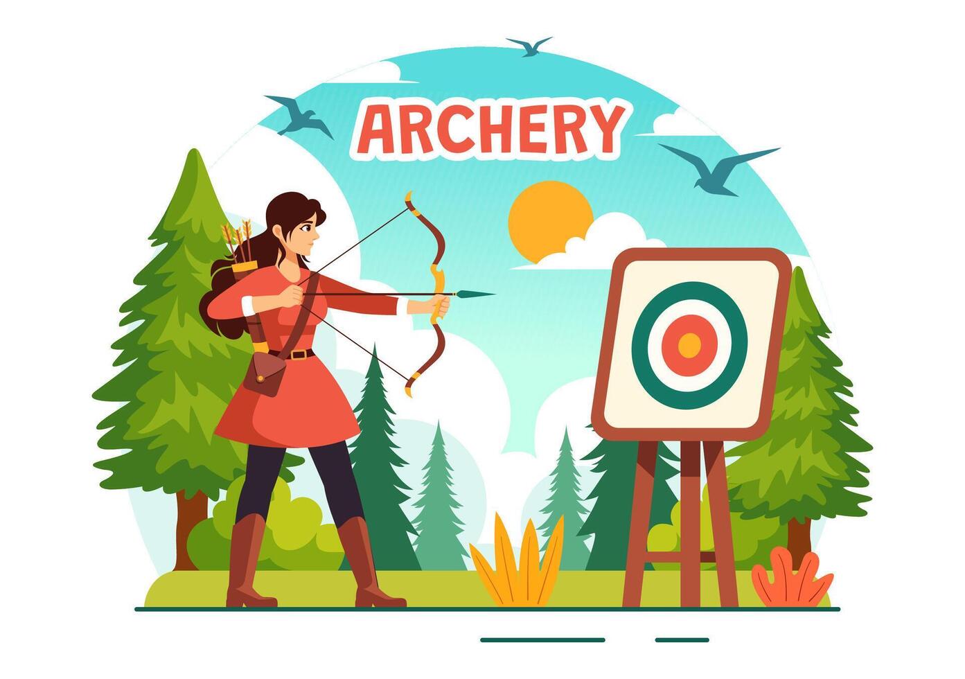 Illustration of Archery Sport with a Bow and Arrow Aiming at a Target, Depicting an Outdoor Recreational Activity in a Flat Cartoon Background vector