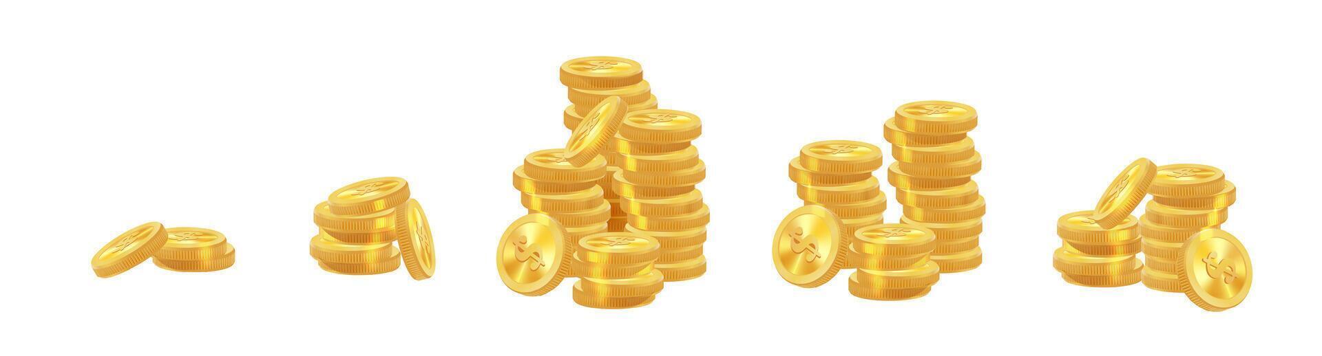 Realistic golden coins pile. Stacks of gold money, cash or treasure. Bank and finance. Investment, profit or gain. Copy space. vector