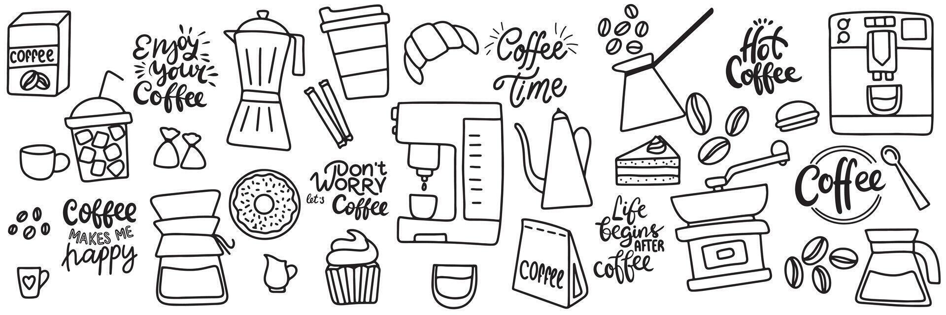 Collection of Coffee objects in doodle style icons sets. Hand drawn art. vector