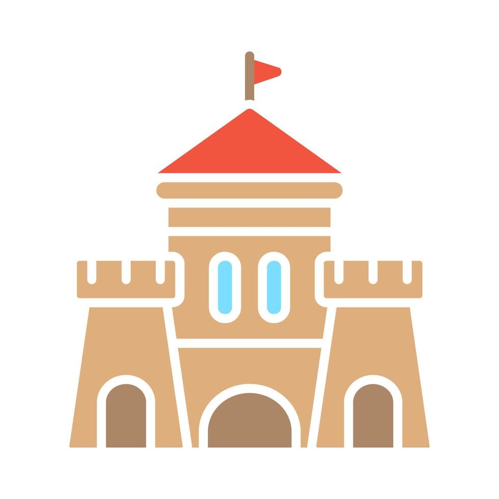 Castle set icon. Tan fortress, red roof, blue windows, medieval architecture, stronghold, historical building, tower, moat, battlements. vector