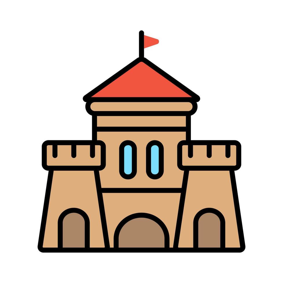 Castle set icon. Tan fortress, red roof, blue windows, medieval architecture, stronghold, historical building, tower, moat, battlements. vector