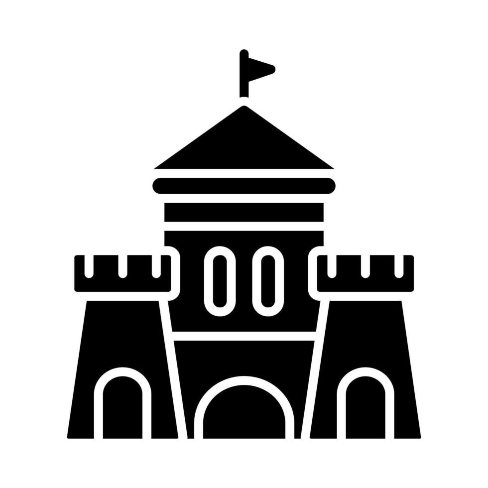 Castle set icon. Tan fortress, red roof, blue windows, medieval architecture, stronghold, historical building, tower, moat, battlements. vector