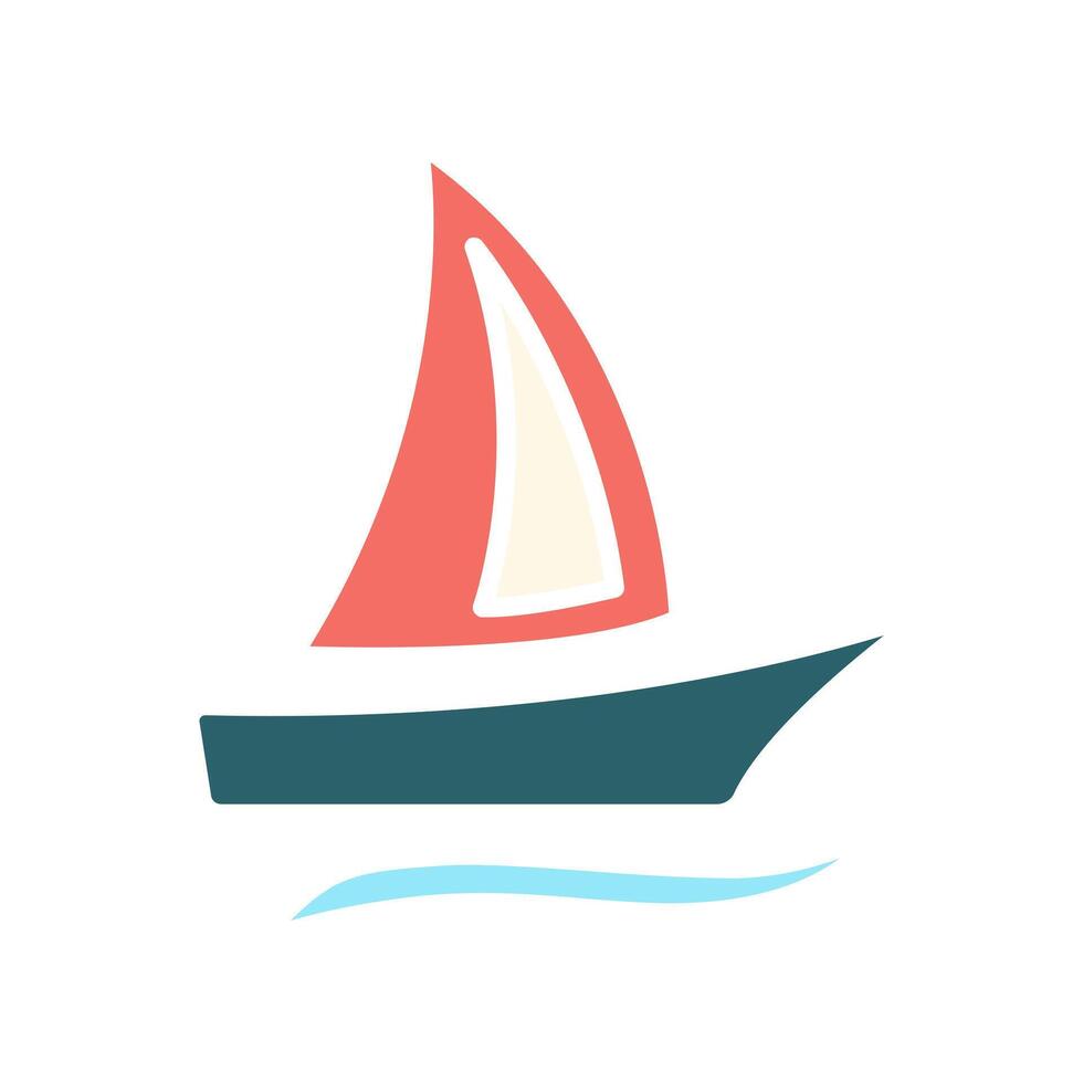Sailboat set icon. Tan boat, red and green sails, blue waves, maritime, sailing, nautical, travel, adventure, recreation, water sport. vector