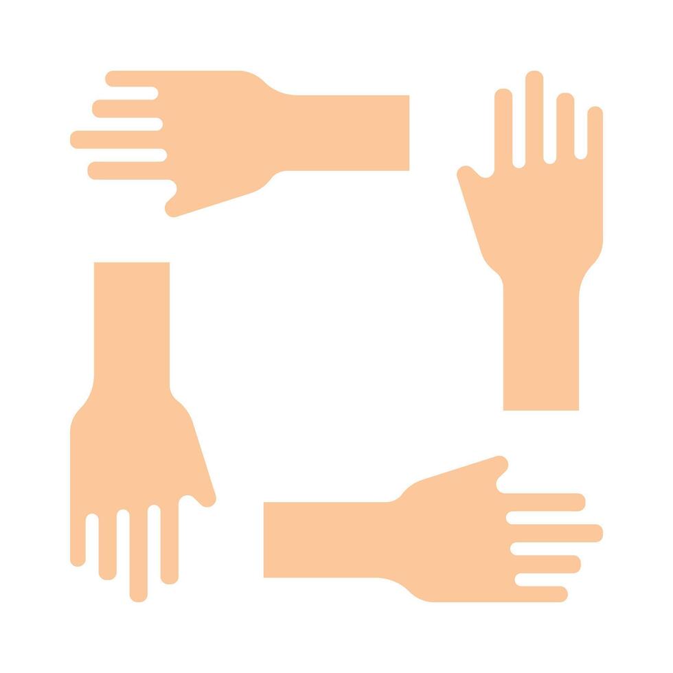 Teamwork icon. Four hands in a square, collaboration, unity, cooperation, support, teamwork, working together. vector