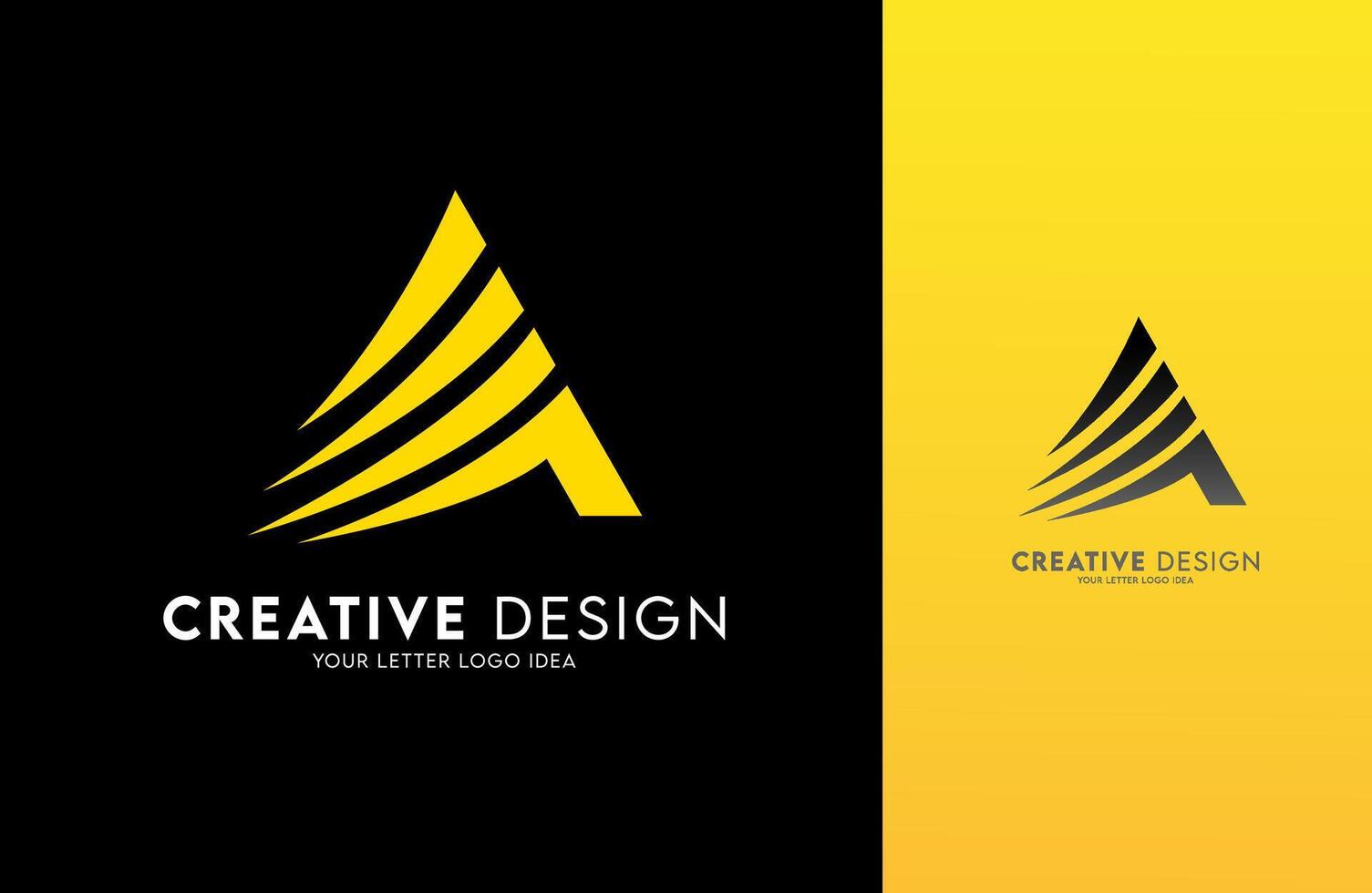 Letter A in Yellow and Black made of curved lines and swooshes. Creative A design icon vector