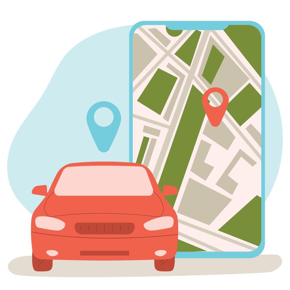 Online ordering taxi car, rent and sharing using service mobile application. Smartphone screen with route and points location on city map on car and urban landscape background vector