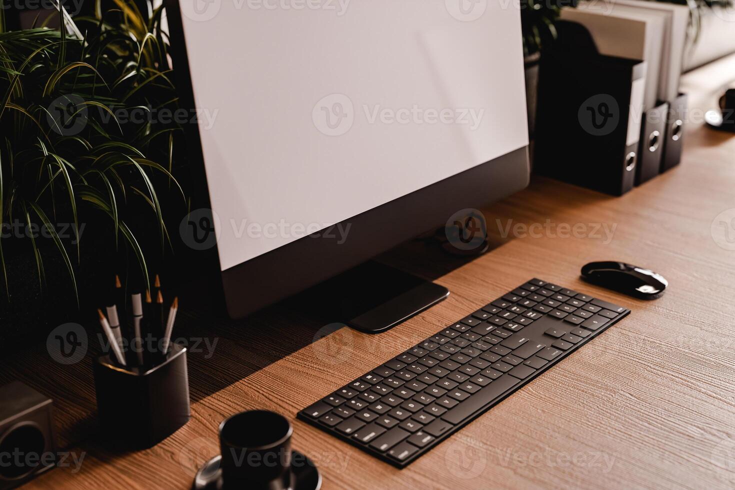 3D render of empty modern office with computers and furniture photo