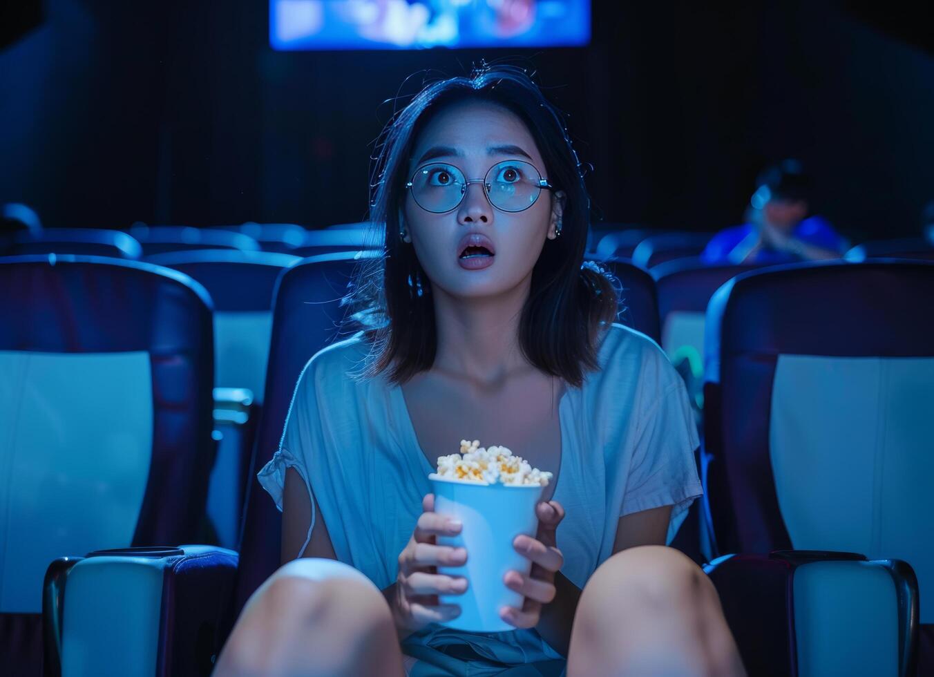 Woman Sitting in Movie Theater Holding Cup of Popcorn photo