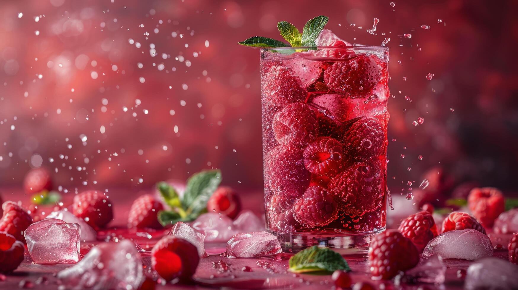 Raspberries Floating in Water Glass on Table photo