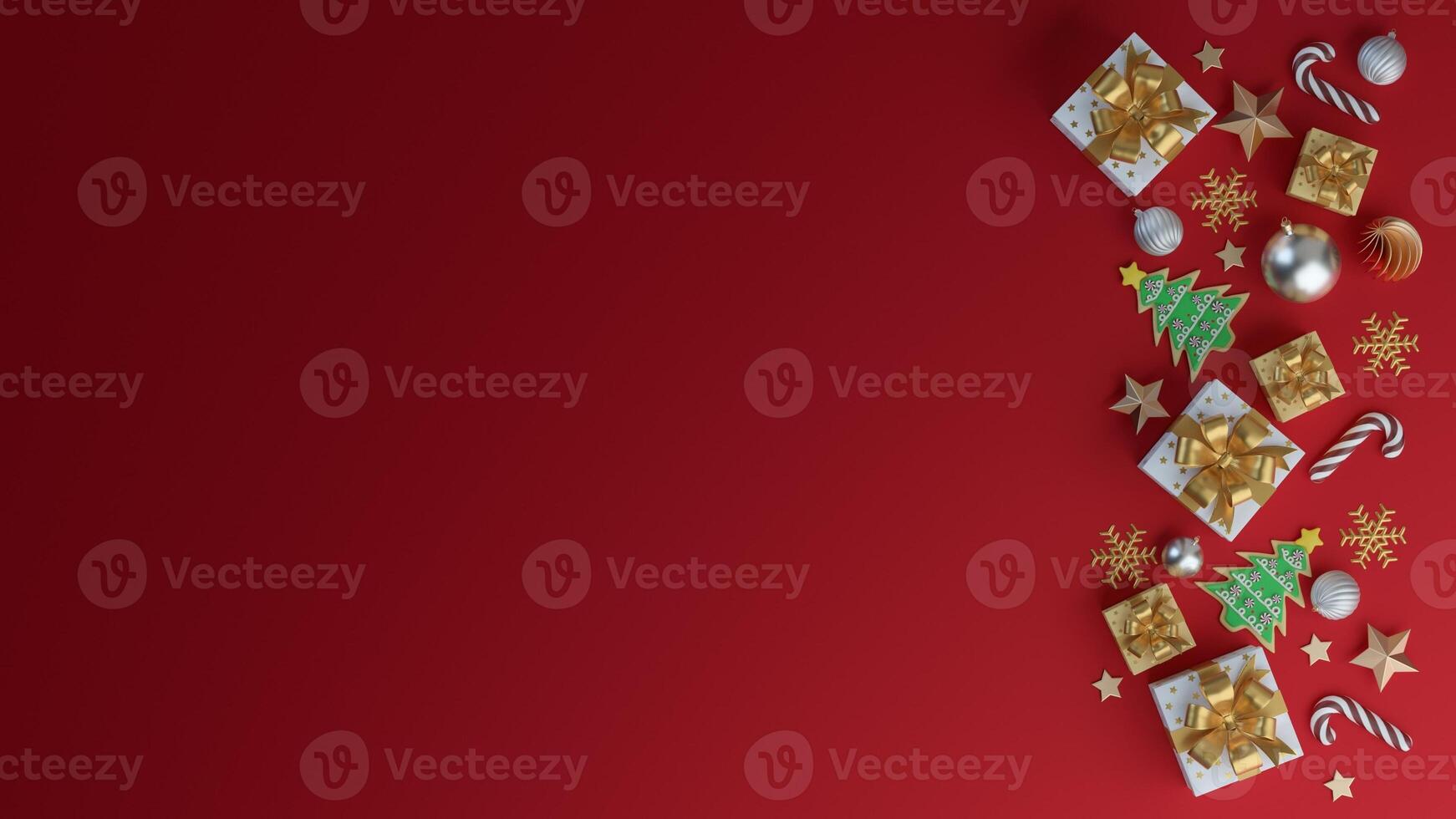 Merry Christmas and Happy New Year. Xmas Festive background with realistic objects. Holiday elements, 3d render and realism. Greeting card, banner, web poster. photo
