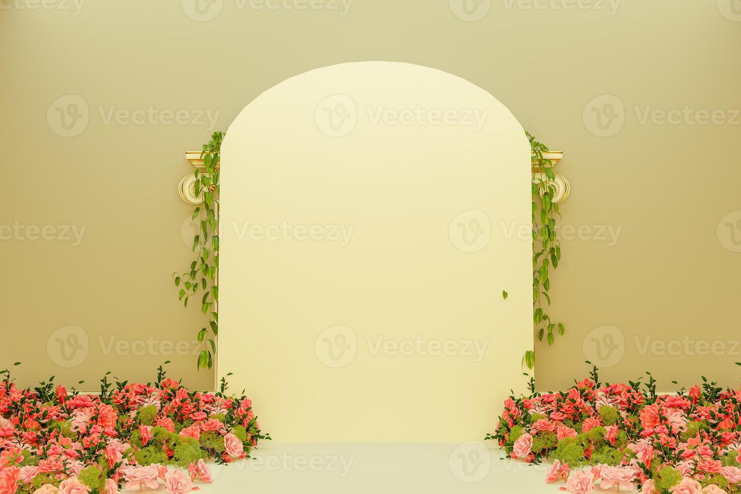 Flowers garden terrace with arched wall in daylight. 3d render photo