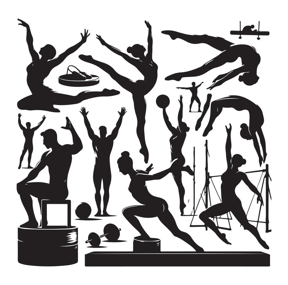 Set of silhouettes of gymnasts. Sport artistic gymnastics vector