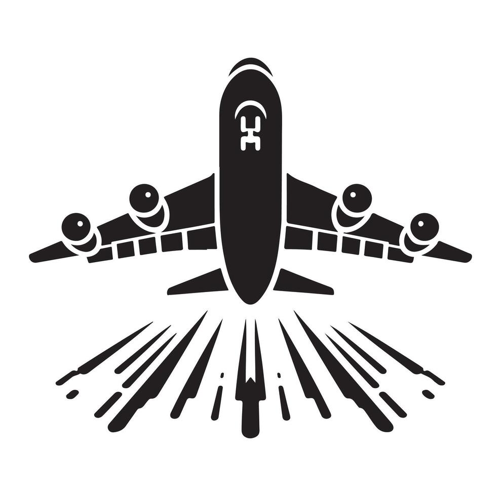 Airplane silhouette. Passenger plane landing, back front and bottom views, aircraft jet silhouettes illustration icons vector