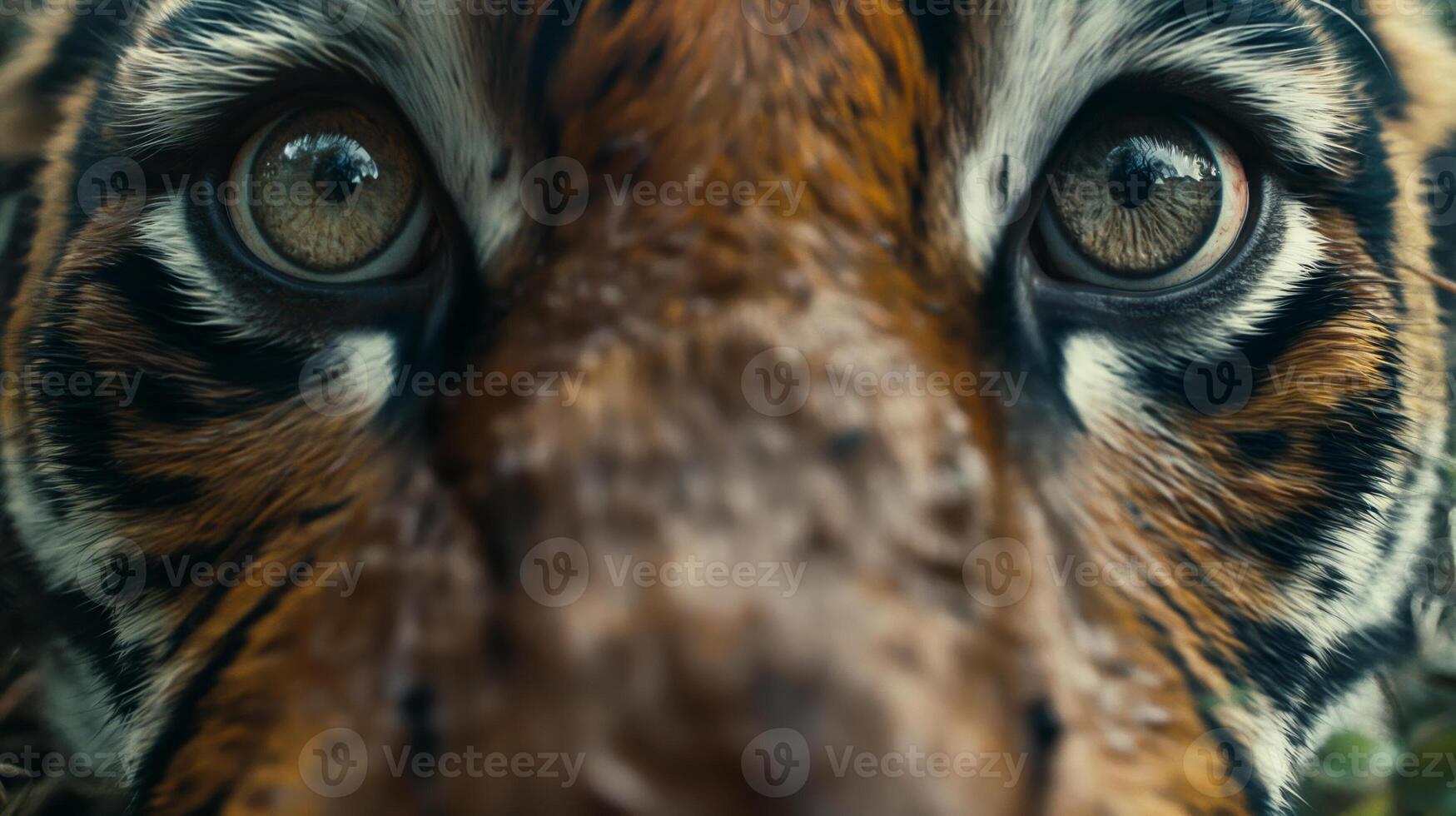 Closeup of a scared person with wide eyes meeting a fierce tiger in the jungle photo